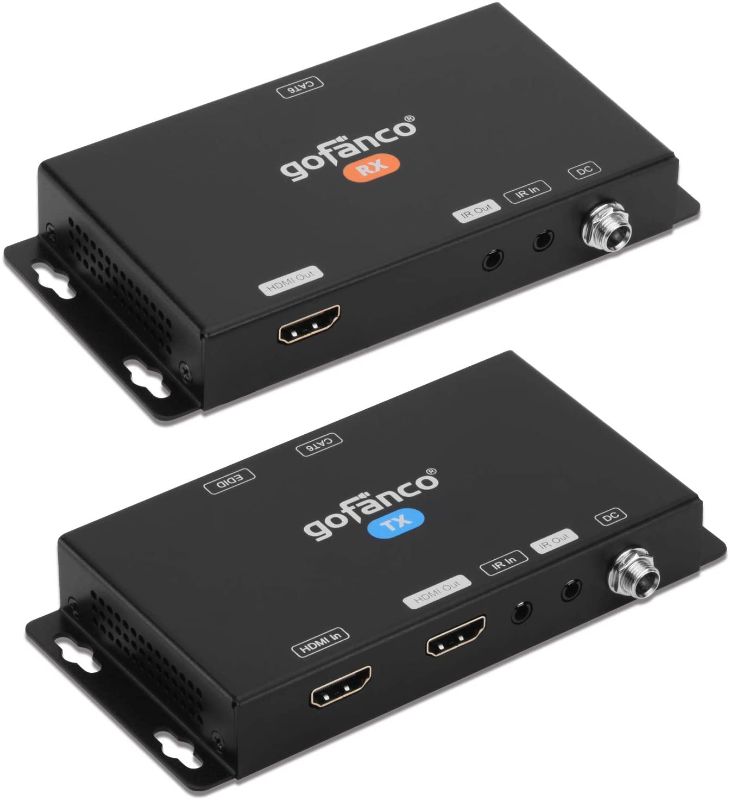 Photo 1 of gofanco HDBaseT HDMI 2.0 Extender 4K - HDMI Balun 4K 60Hz 4:4:4 HDR Over CAT6 W/Loopout and Auto Downscaling (230ft @1080p and 130ft @4K) - Bi-Directional IR, Power Over Cable, EDID, 18Gbps, HDCP 2.2
