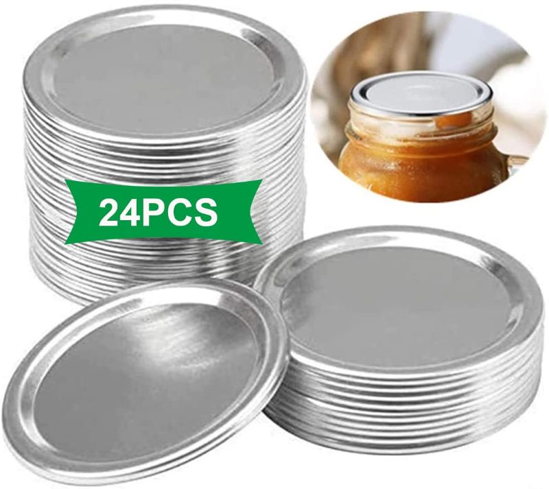 Photo 1 of 24 PCS Mason Jar Lids 100% Fit For Ball Kerr Jars Food Grade Material Split-Type Metal Canning Jar Lids BPA Free Airtight & Leak Proof, Silver/86 MM