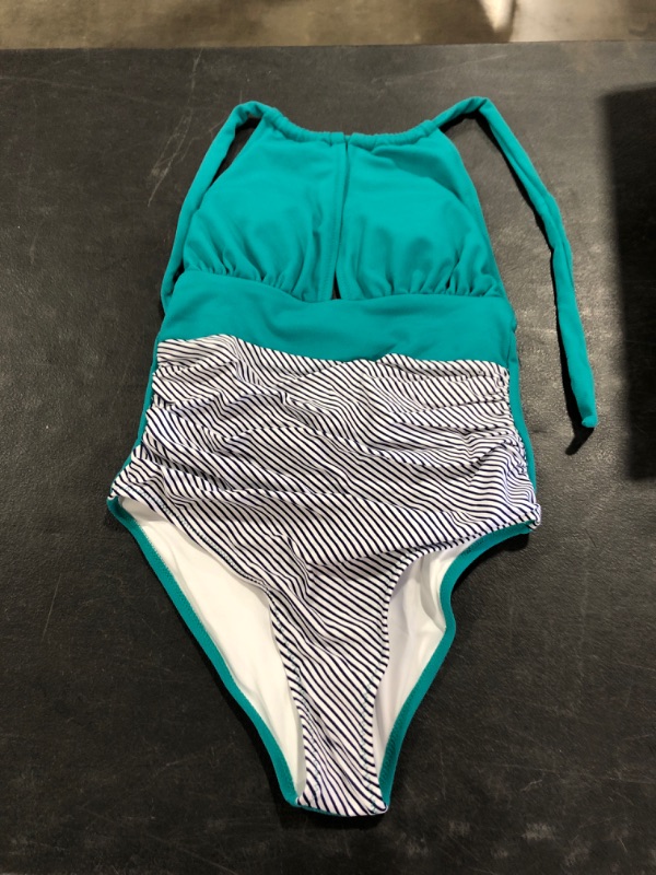 Photo 2 of CUPSHE Aqua Textured And Striped Halter One Piece Swimsuit (XS)
