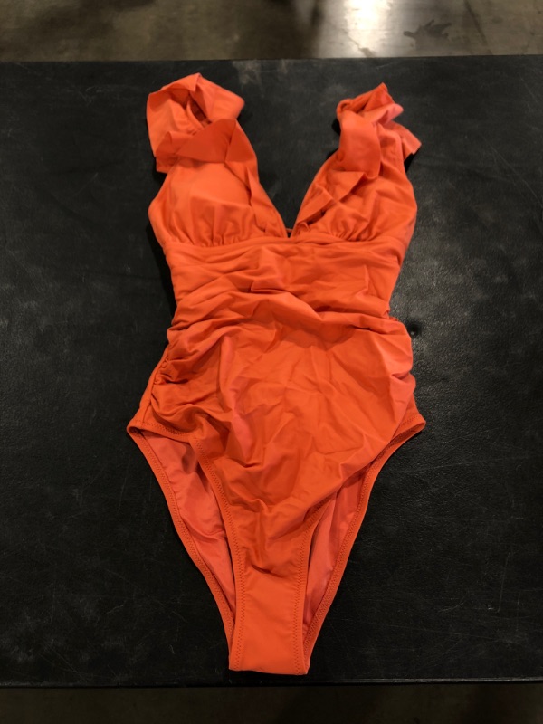 Photo 2 of CUPSHE Blake Orange V-Neck Ruffle Lace Up One Piece Swimsuit (S)
