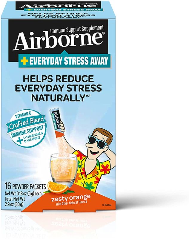 Photo 1 of Airborne Vitamin C 1000mg (per serving) + L-Theanine - Everyday Stress Away Zesty Orange Powder Packet, (16 count in box), Immune Support Supplement With Vitamins A B6 B12 C E, ZINC, Selenium & Ginger
