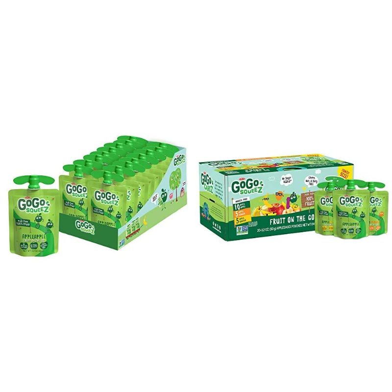 Photo 1 of GoGo squeeZ Applesauce, Apple Apple, 3.2 Ounce (18 Pouches) & Applesauce, Variety Pack (Apple/Banana/Mango), 3.2 Ounce (20 Pouches), Gluten Free, Vegan Friendly, Unsweetened Applesauce
