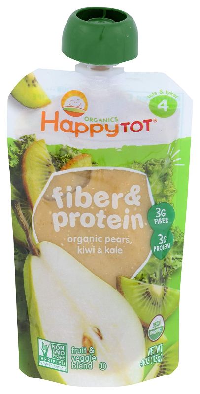 Photo 1 of Happy Tot Fiber & Protein Stage 4 Organic Toddler Food Pears Kiwi & Kale, 4 Ounce Pouch Fruit and Veggie Blend Toddler Snack Pouch, 3g Protein and Fiber, Dairy Free Gluten Free Kosher
