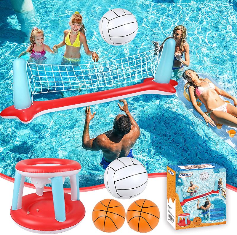 Photo 1 of Pool Floats Toys Inflatable Pool Volleyball Set & 3 Balls with Basketball Hoops Party Swimming Game Toy for Kids and Adults, Floating Water Play Gift Summer Floaties, Volleyball Net (115”x30”x37”)
