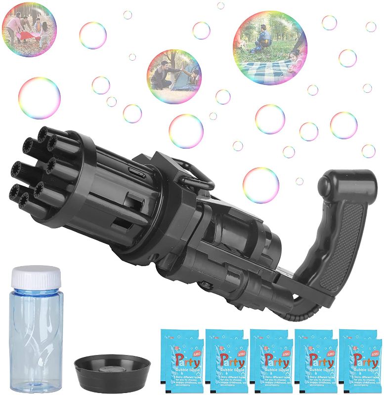 Photo 1 of Gatling Bubble Machine 2021 for Toddlers,Cool Automatic Gatling Bubble Maker Gun,Novelty Bubble Blower Gatling Gun Outdoor Toys for Kids,Black
