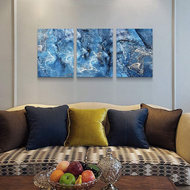 Photo 1 of Blue Abstract Canvas Wall Art Wall Decor For Living Room Modern Wall Decorations For Bedroom Family Bathroom Abstract Paintings Office Canvas Art Hang Pictures Artwork Kitchen Home Decoration 3 Piece