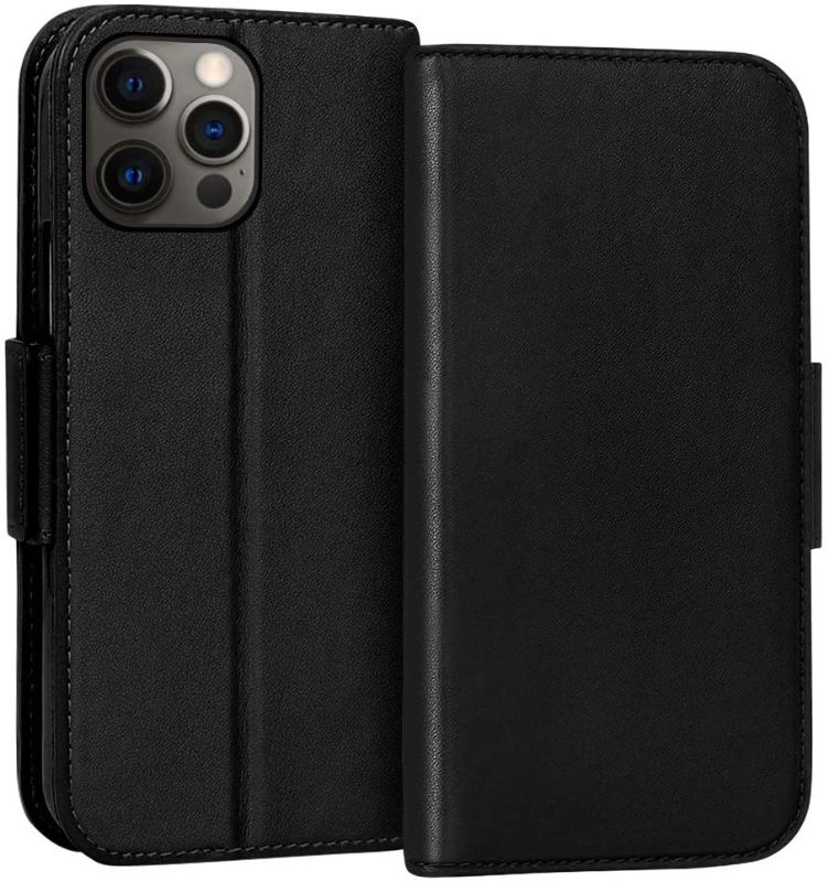 Photo 1 of  kuzeeco leather wallet case for iPhone 12 or pro (real cowhide leather)- retro oil wax leather flip folio case cover with credit card holder for iPhone 12/pro(black)