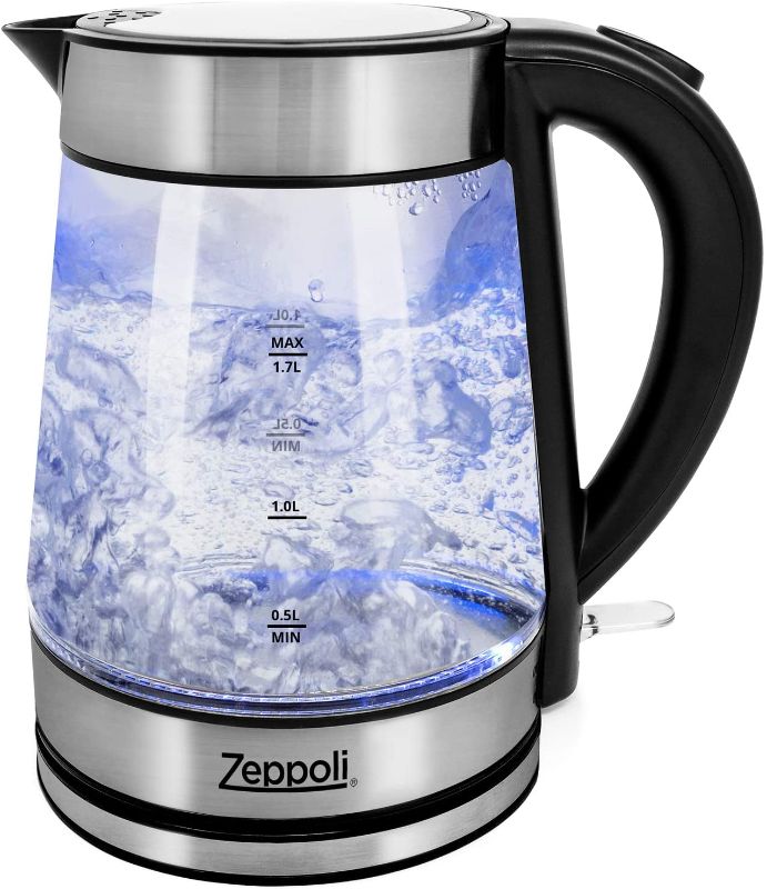 Photo 1 of Zeppoli Electric Kettle - Glass Tea Kettle & Hot Water Boiler - Auto Shutoff (1.7L) & Boil-Dry Protection- Cordless with LED Indicator
