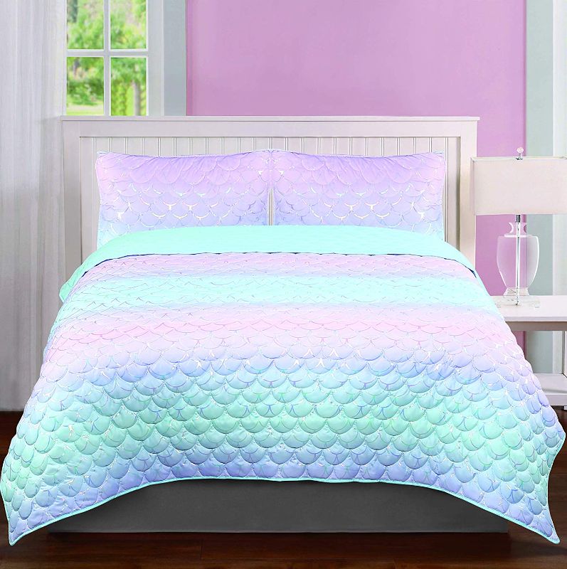 Photo 1 of Tadpoles Girls Mermaid Pattern Quilt Set, Iridescent Metallic
