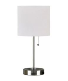 Photo 1 of 17" Brushed Nickel Table Lamp With Power Outlet And Led Bulb Included 22169-001 and Feit Electric 60-Watt ST19 Dimmable Cage Filament Amber Glass E26 Incandescent Vintage Edison Light Bulb, Warm White (6-Pack)
