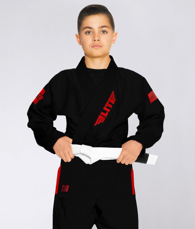 Photo 1 of Elite Sports Ultra Light Preshrunk Black Kids Brazilian Jiu Jitsu BJJ Gi With Free White Belt
