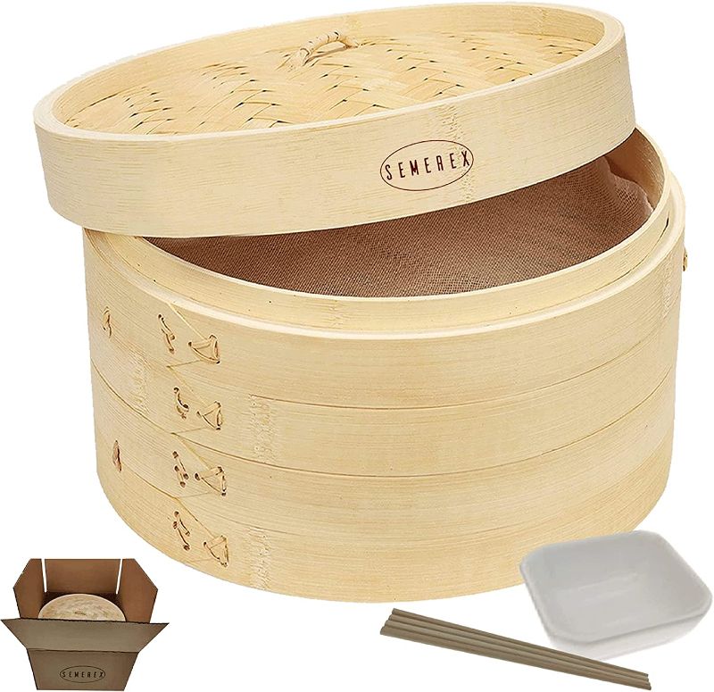 Photo 2 of  10-Inch Bamboo Steamer with Chopsticks– Non-BPA Natural Bamboo Wood Steamer Basket – 2 Tier, 