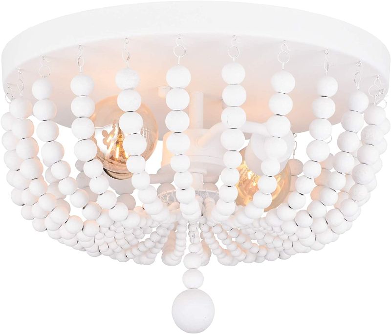 Photo 1 of ALICE HOUSE 14.1" Flush Mount Ceiling Light, 2 Lights Wood Beaded Chandelier, White Farmhouse Ceiling Light for Entryway, Hallway, Bedroom and Stairway