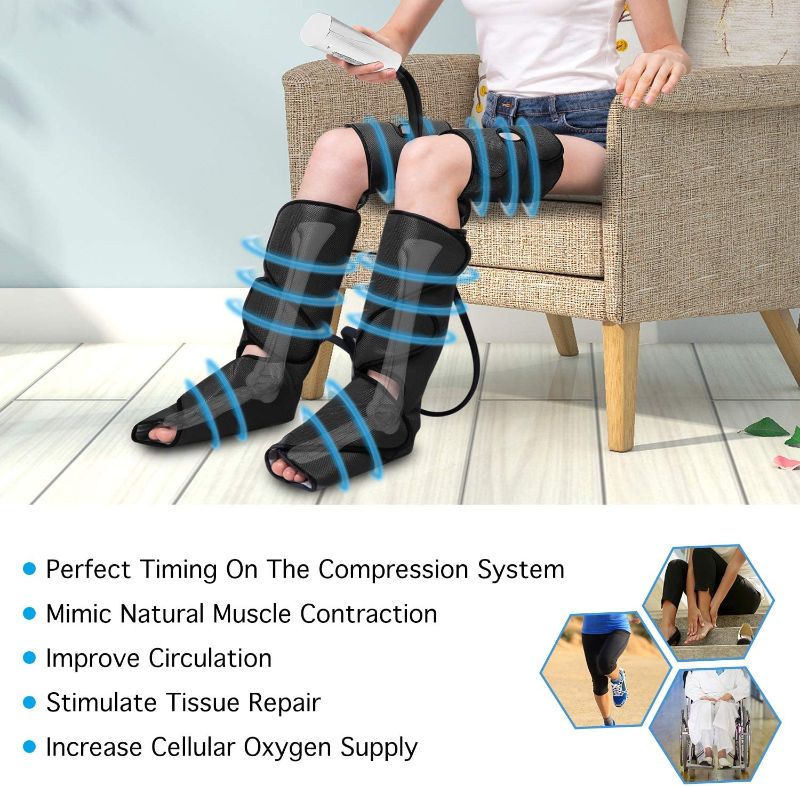 Photo 2 of CINCOM Leg Air Compression Massager for Foot Calf Thigh Upgrade Leg Wraps with Portable Handheld Controller and 2 Extensions- 3 Modes & 3 Intensities (Black)
