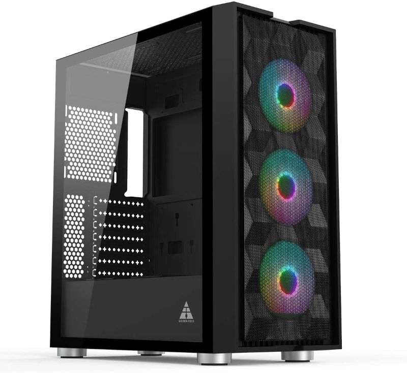 Photo 1 of GOLDEN FIELD MAGE-B Computer Case Gaming PC ATX/MATX/ITX Case Mid Tower with 3 Colorful LED Fans Tempered Class Side Panel, Mesh Front Panel (Black)
