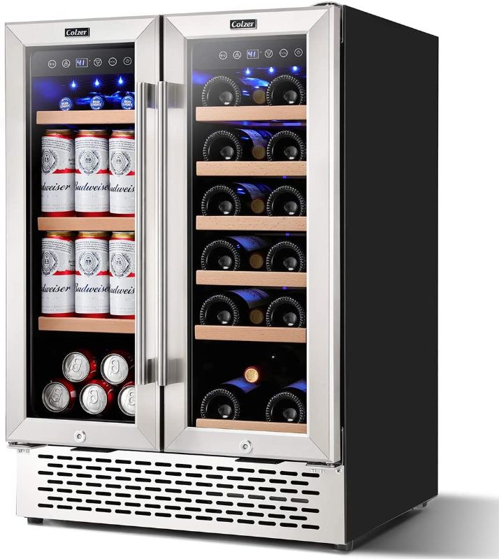 Photo 1 of dented broken glass parts only---------------Colzer 24 Inch Beverage Fridge and Wine Cooler Dual Zone, Wine Beverage Refrigerator 18 Bottles and 57 Cans (120L) for Beer Wine Soda Drink
