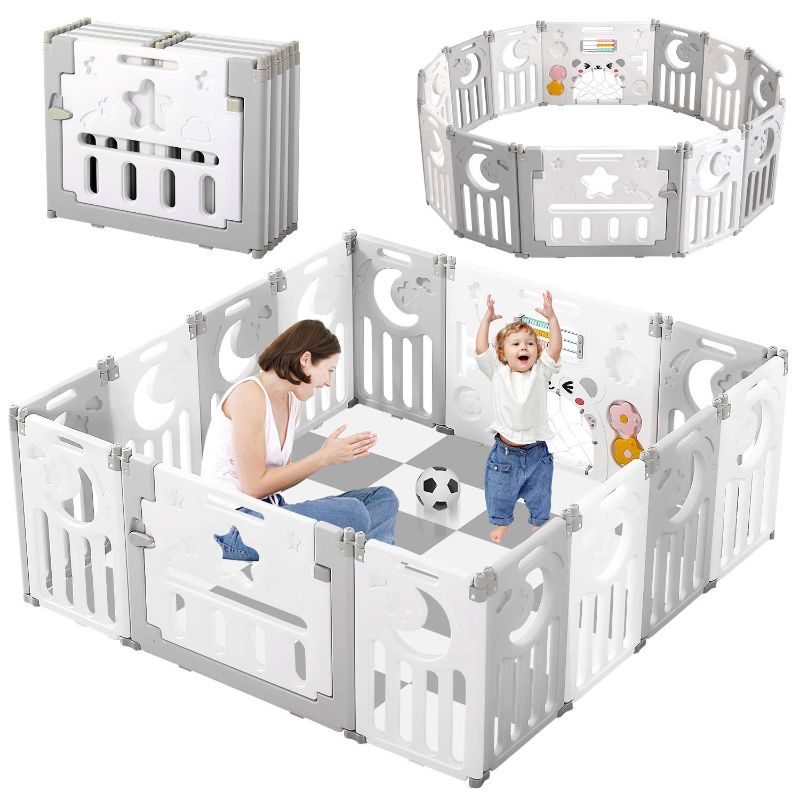 Photo 1 of Baby Playpen, Dripex Upgrade Foldable Kids Activity Centre Safety Play Yard Home Indoor Outdoor Baby Fence Play Pen NO Gaps with Gate for Baby Boys Girls Toddlers (Grey + White) 14 pieces 
