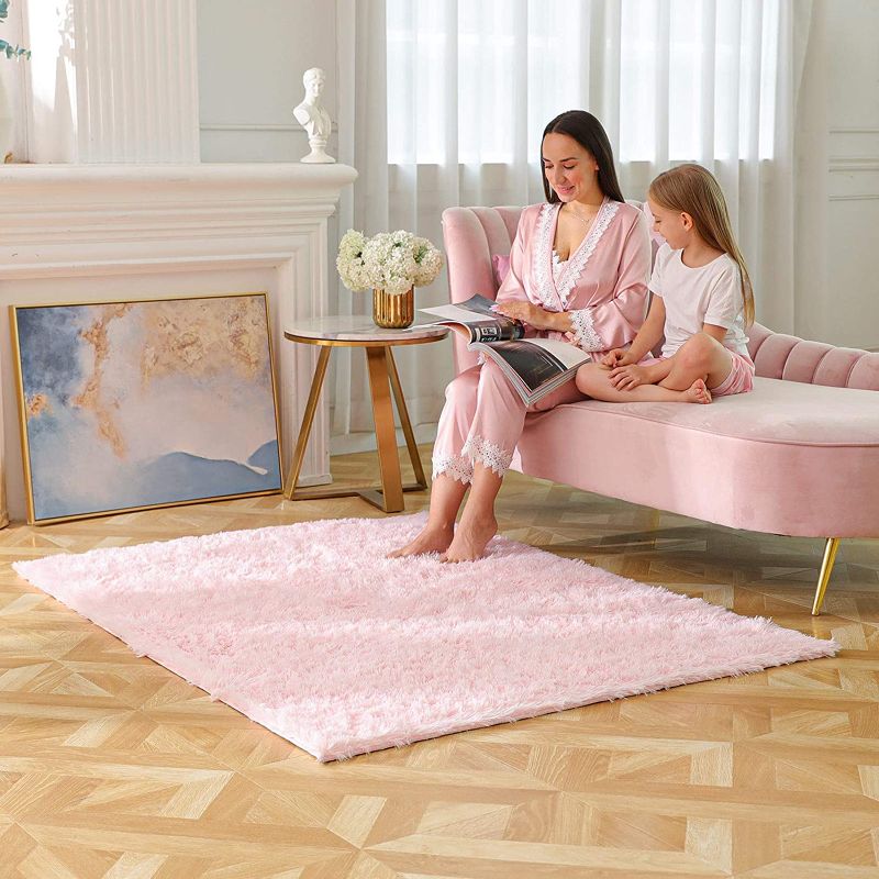 Photo 1 of BAYKA Machine Washable Fluffy Area Rug Indoor Ultra Soft Shag Area Rug for Bedroom, Non-Slip Floor Carpet 4x5.3 Feet Pink
