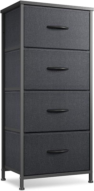 Photo 1 of Cubiker Dresser Storage Tower, 4 Drawers Fabric Organizer Unit for Bedroom Hallway Entryway Closets, 16" Small Dresser Clothes Storage with Sturdy Steel Frame Wood Top, Black Grey
