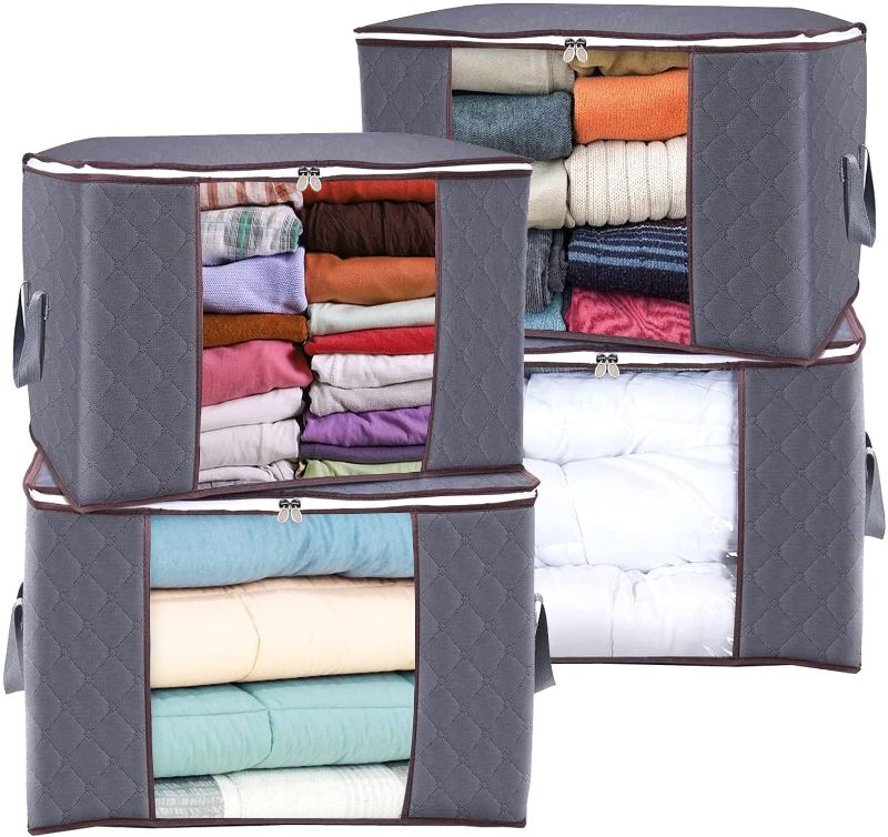 Photo 1 of Anyoneer Clothes Storage Bag Organizer for Comforters,Blankets,Bedding,Clothing,Pillow,Linen|Reinforced Handle,Sturdy Zipper,Thick Fabric,Large Containers,Foldable,Clear Window,4 Pack,90L,Grey
