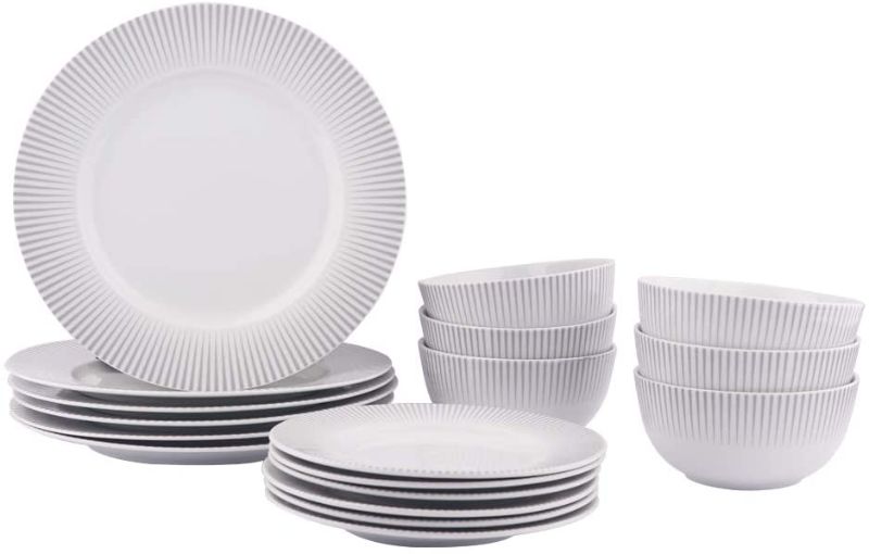 Photo 1 of Amazon Basics 18-Piece Kitchen Dinnerware Set, Plates, Dishes, Bowls, Service for 6, Spotlight

