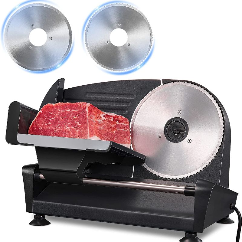 Photo 1 of Meat Slicer, 200W Deli & Food Slicer with Two Removable 7.5’’ Stainless Steel Blade For Home Use, Electric Slicer Machine with Adjustable Thickness Knob (0-15mm) for Meat, Cheese, Bread
