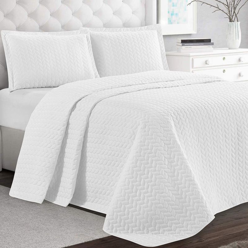 Photo 1 of BYSURE Reversible 3 Piece Quilt Set King Size (White, 106x96), Lightweight Coverlet All Season Brushed Microfiber Bedspread , Leaf Pattern Quilt with 2 Pillow Shams
