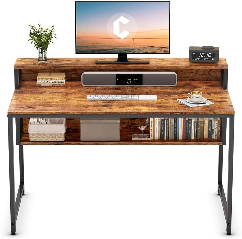 Photo 1 of Cubiker Computer Home Office Desk, 47" Small Desk Table with Storage Shelf and Bookshelf, Study Writing Table Modern Simple Style Space Saving Design, Rustic
