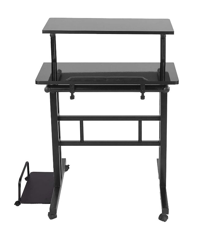 Photo 2 of Mind Reader Mobile Sitting Standing Desk Rolling Reversible Home Office Laptop Workstation with Side Storage, Locking Wheels, Large, Black
