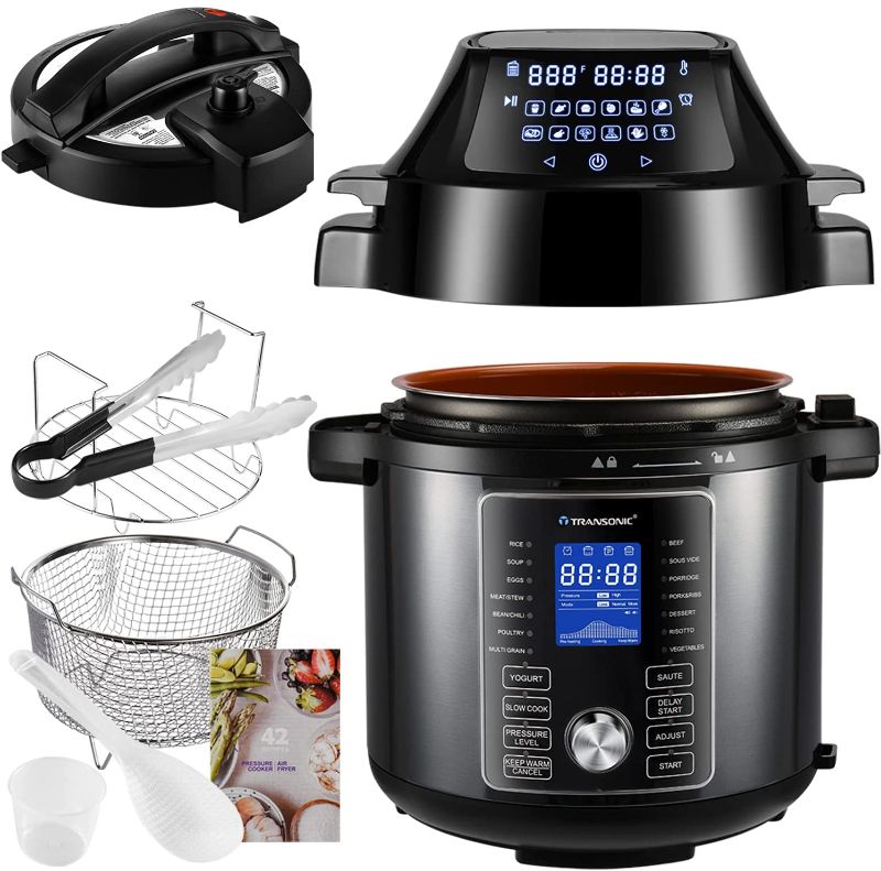 Photo 1 of Transonic OPA160 Pressure Cooker Air Fryer Combo, 6 Quart 1500W Multi Cooker Pressure Cooker Air Fryer, All in 1 Pressure Cooker with Air Fryer Lid, Large LED Display, Black Metallic
