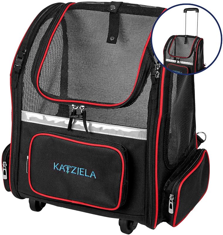 Photo 2 of Katziela Wheeled Pet Carrier Backpack - Soft Sided, Airline Approved Hiking Carrying Bag for Small Dogs and Cats – Removable Rolling Wheels – Mesh Ventilation Windows, Storage Pockets
