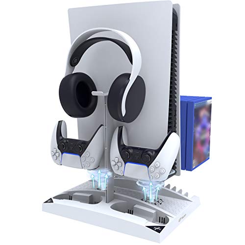Photo 1 of BEJOY Vertical Cooling Fans Stand for PS5 / PS5 Digital Edition, 2 DualSense Controllers Charging Staion and Gaming Headset Holder, 17 Games Storage with USB Type-C Ports, White