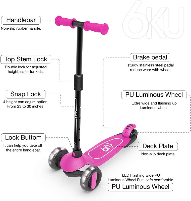 Photo 2 of 6KU Scooter for Kids Ages 3-5 with Flash Wheels , Kids Scooter 4 Adjustable Height, Toddler Scooter Extra-Wide PU LED Wheels, 3 Wheel Scooter for Kids for Girls & Boys Learn to Steer
