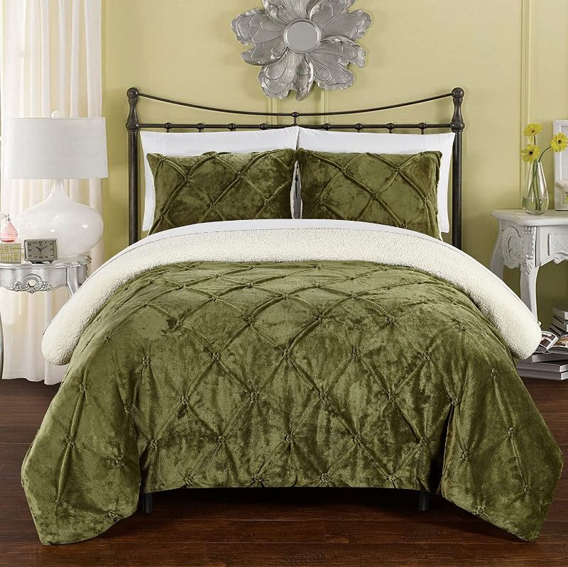 Photo 1 of Chic Home CS5125-AN 3Piece Josepha Pinch Pleated Ruffled & Pin Tuck Sherpa Lined Bed in A Bag Comforter Set Green, Queen
