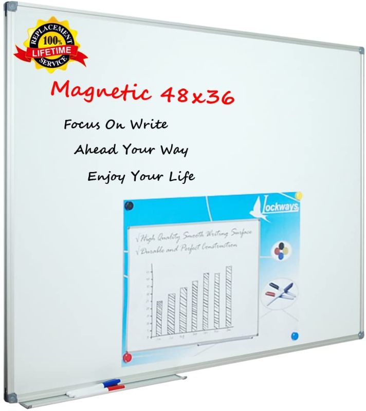 Photo 2 of Lockways White Board Dry Erase Board 48 x 36 - Magnetic Whiteboard 4 X 3, Silver Aluminium Frame, Set Including 1 Detachable Aluminum Marker Tray, 3 Dry Erase Markers, 8 Magnets

