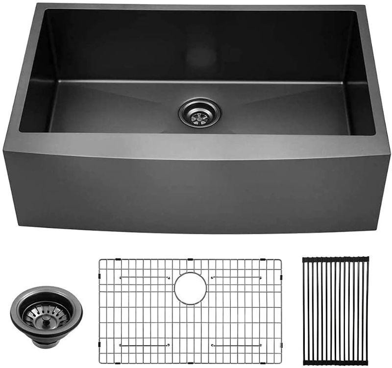 Photo 1 of Black Stainless Farm Sink - Lordear 33 inch Matte Black Farmhouse Sink Gunmetal Black 16 Gauge Apron Front Deep Single Bowl Stainless Steel Kitchen Farm Sink
