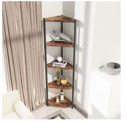 Photo 5 of Corner Shelf Stand for Living Room 5 Tier Corner Bookshelf Small Corner Office Stand Kitchen Corner Shelf Rack Plant Stand Home Office Brown
