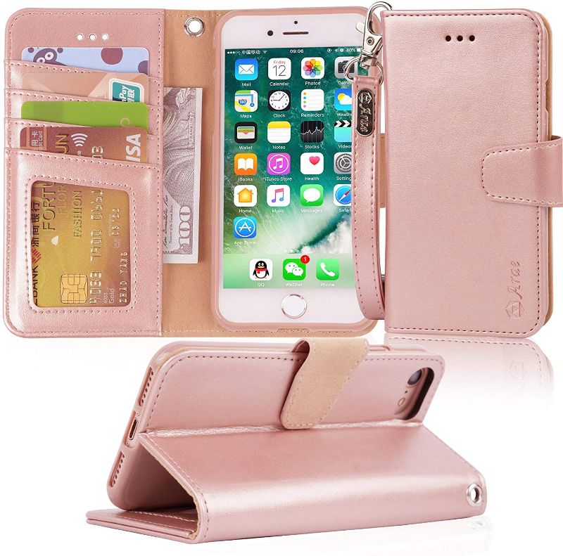 Photo 1 of Arae Case for iPhone 7 / iPhone 8 / iPhone SE 2020, Premium PU leather wallet Case with Kickstand and Flip Cover for iPhone 7 / iPhone 8 / iPhone SE 2nd Generation 4.7 inch - Rosegold