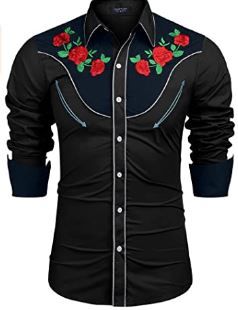 Photo 1 of COOFANDY Men's Embroidered Rose Design Western Shirt Long Sleeve Button Down Shirt size M