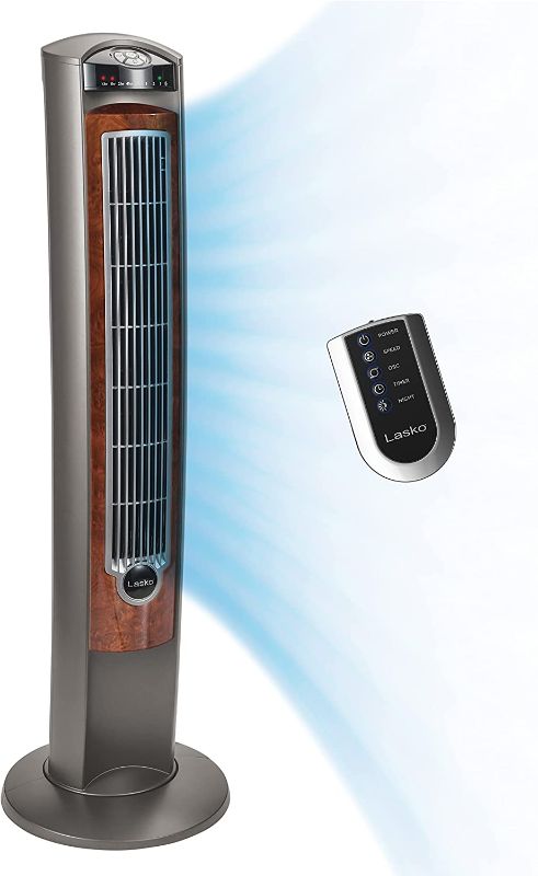 Photo 1 of Lasko Portable Electric 42" Oscillating Tower Fan with Nighttime Setting, Timer and Remote Control for Indoor, Bedroom and Home Office Use, Silverwood T42954
