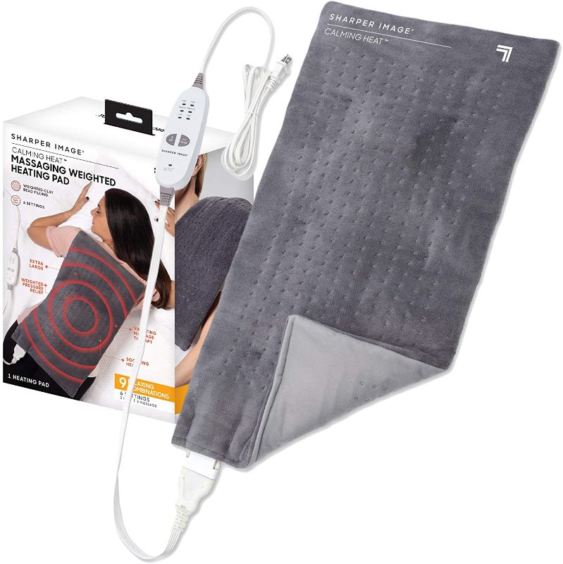 Photo 1 of Calming Heat Massaging Weighted Heating Pad by Sharper Image- Weighted Electric Heating Pad with Massaging Vibrations, 6 Settings- 3 Heat, 3 Massage- 9 Relaxing Combinations, 12” x 24”, 4 lbs
