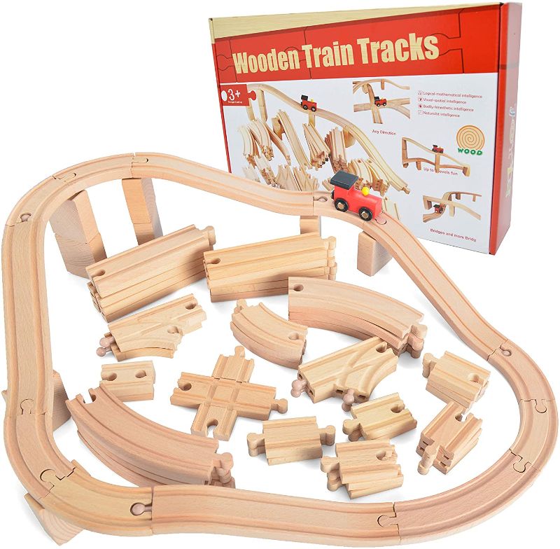Photo 1 of 62 Pieces Wooden Train Track Expansion Set + 1 Bonus Toy Train -- NEW Version Compatible with All Major Brands Including Thomas Battery Operated Motorized Ones by Joyin Toy

