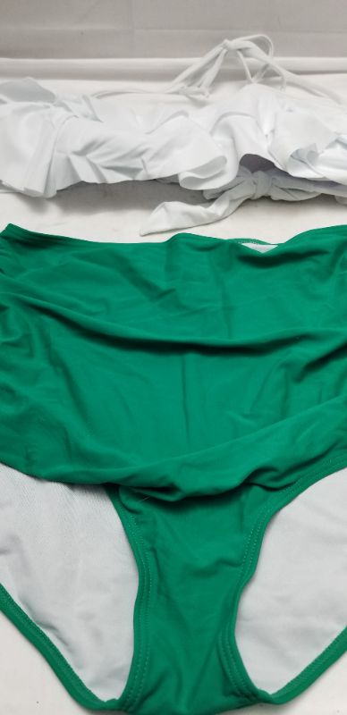 Photo 1 of COCOSHIIP TWO PIECE BATHING SUIT, GREEN AND WHITE,  SIZE 8