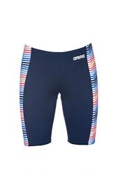 Photo 1 of  Arena Men's Standard Seasonal Print Jammer Athletic Training Swimsuit, Multicolor Stripes Navy/Red, 34