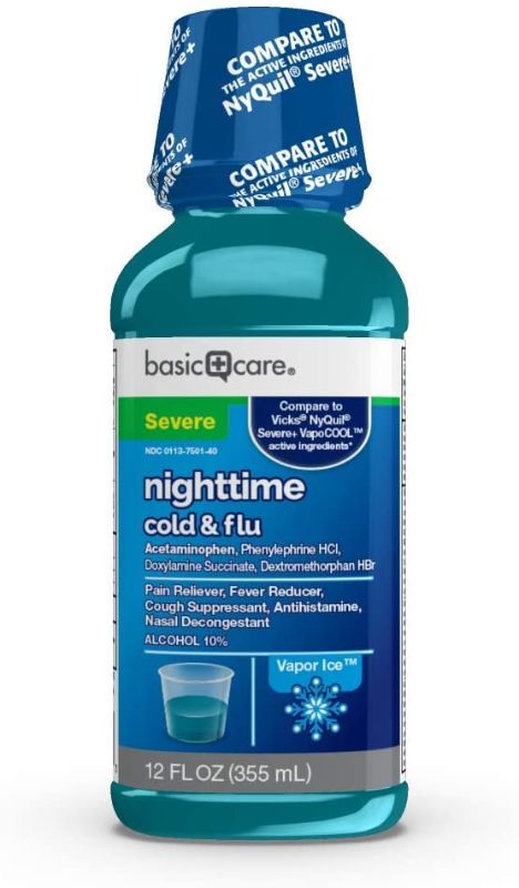 Photo 1 of 2 pack - Amazon Basic Care Vapor Ice Nighttime Severe Cold and Flu, Pain Reliever and Fever Reducer, Nasal Decongestant, Antihistamine and Cough Suppressant, 12 Fluid Ounces
best before 12 - 22
