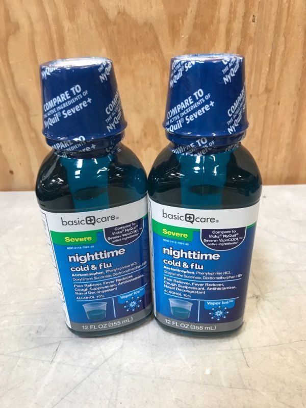 Photo 2 of 2 PACK - Amazon Basic Care Vapor Ice Nighttime Severe Cold and Flu, Pain Reliever and Fever Reducer, Nasal Decongestant, Antihistamine and Cough Suppressant, 12 Fluid Ounces
best before 12 -22 
