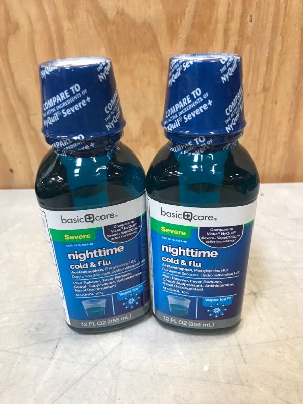 Photo 2 of 2 PACK - Amazon Basic Care Vapor Ice Nighttime Severe Cold and Flu, Pain Reliever and Fever Reducer, Nasal Decongestant, Antihistamine and Cough Suppressant, 12 Fluid Ounces
best before 12 -22 