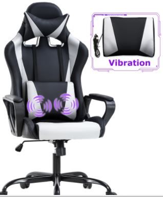 Photo 1 of Game chair, home office chair, with waist support arm, headrest, high back PU leather ergonomic chair, rotatable and adjustable (white)
