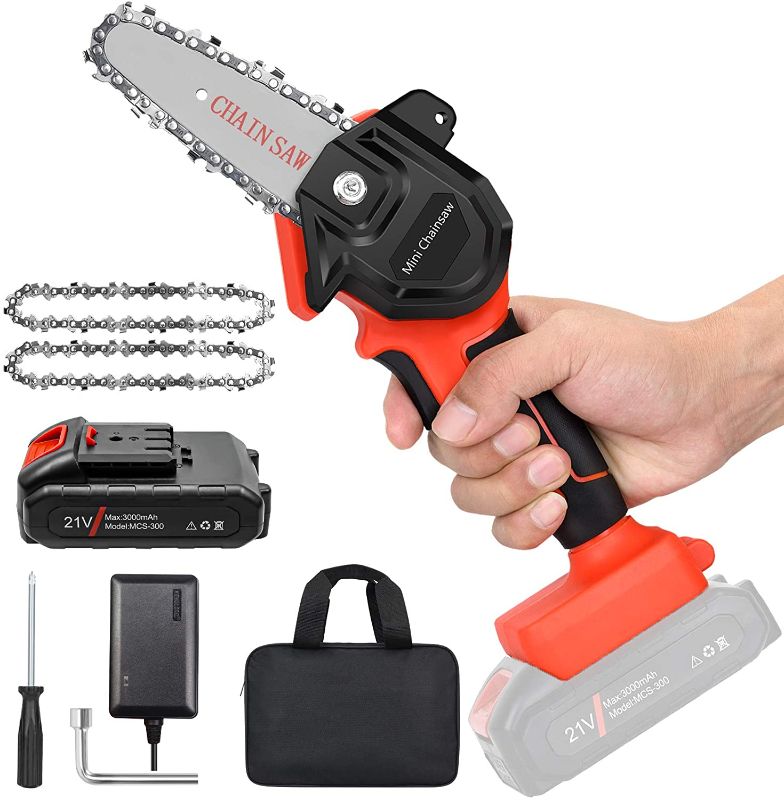 Photo 1 of Mini Cordless Chainsaw Kit, Upgraded 4" One-Hand Handheld Electric Portable Chainsaw, 21V Rechargeable 3000mAh Battery Operated, for Tree Trimming and Branch Wood Cutting by New Huing
