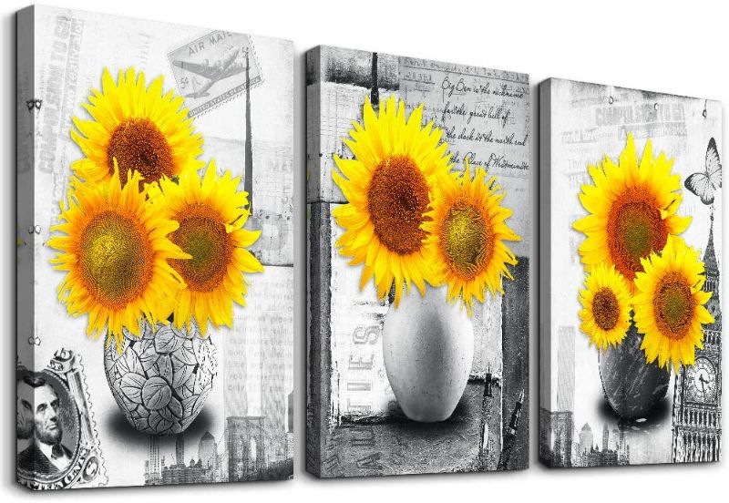 Photo 1 of Canvas Wall Art For Kitchen Family Living Room Wall Decor Modern Black And White Painting Farmhouse Bedroom Bathroom Decoration Yellow Sunflower Flowers Canvas Pictures Artwork For Home Walls 3 Piece

